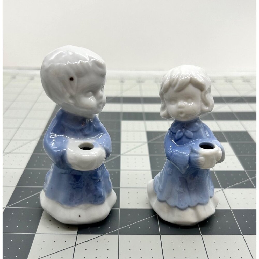 Set of Glazed Ceramic Girl and Boy Blue White Caroler‎ Candle Holders